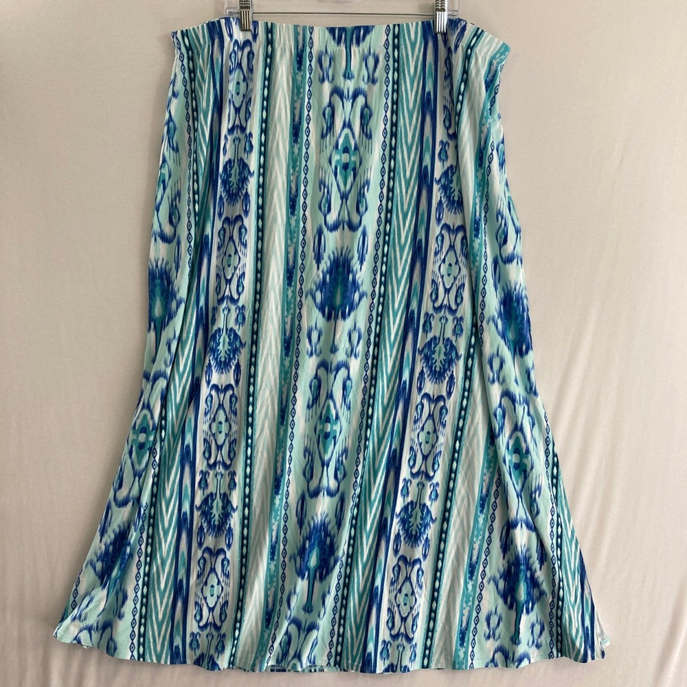Chico's Midi Skirt size‎ 20/22 Blue Ikat Geometric Stretch Side Slit Vacation